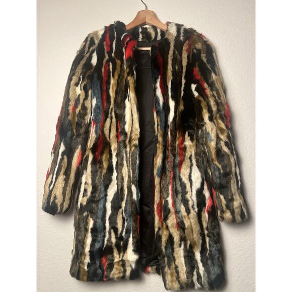 Zara Multicolor Faux Fur Coat XS Long Statement Jacket Plush Textured Outerwear - Picture 7 of 12